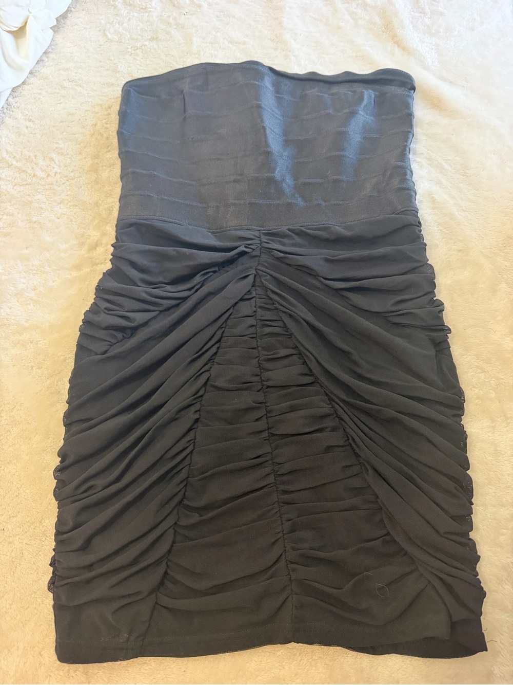 bebe Strapless Black Ruched Bodycon Dress